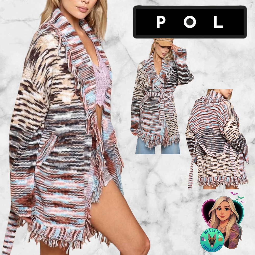 POL Boho Desert Sunset Striped Cardigan Womens Small Western Fringe Belted Shawl